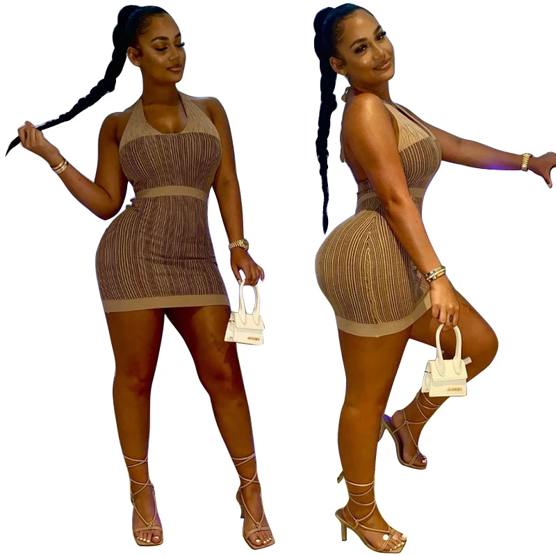 

Ladies sexy pinstripe dress Bodycon mini sexy evening dress halter strap wholesale