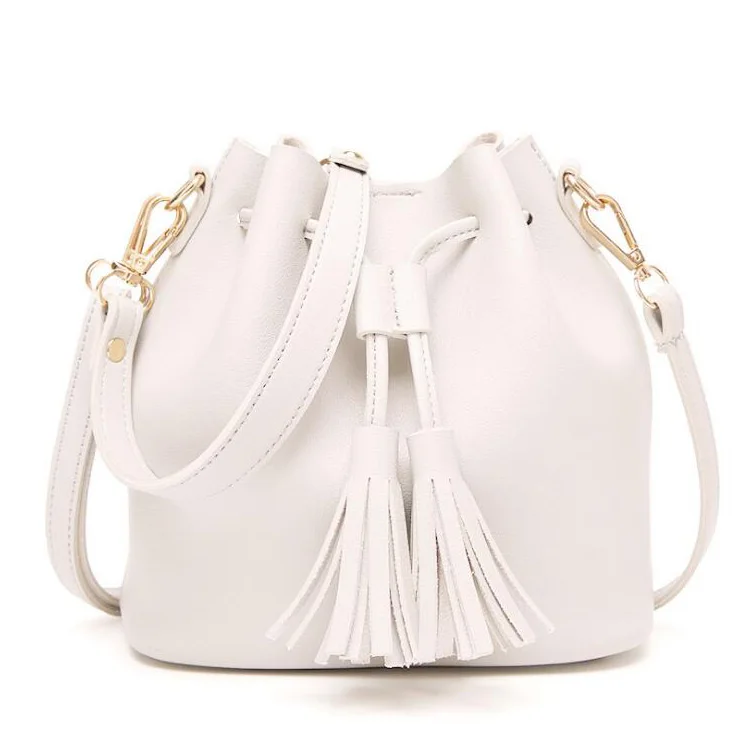 

2020 Fashion White Promotional Price Tote Bag Ladies Portable Grawstring Closure Bucket Bag With Tassel shoulder bag, Full color print or custom