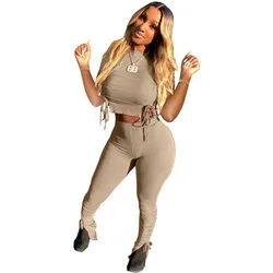 

Spring Woman's Clothing Fashion Drawstring Sexy Ribbed Two Piece Sets Women