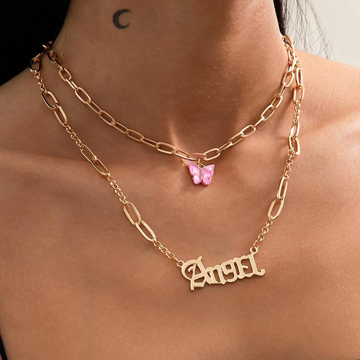 

Exaggerated Layered Necklace Female Butterfly Choker Women Statement Necklace Double Layer Letter Necklace Jewelry, Picture shows