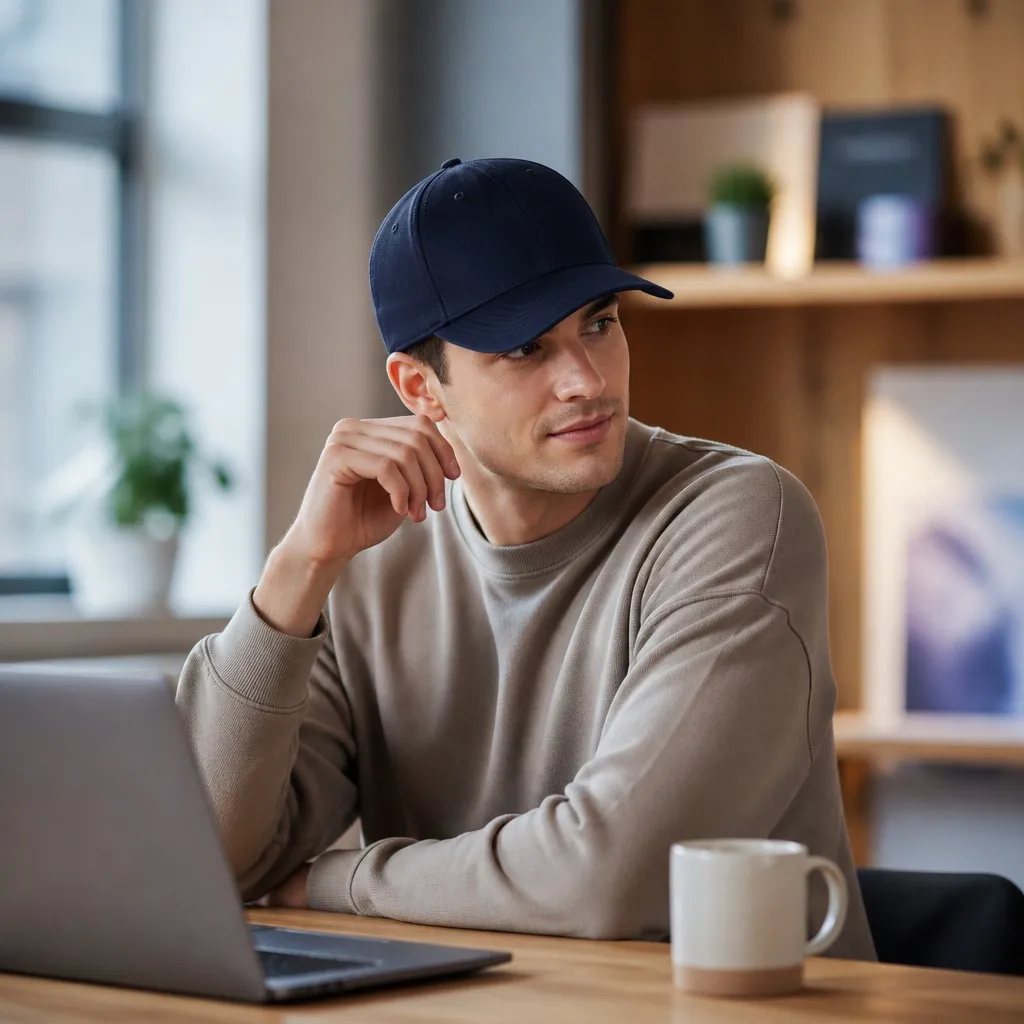 Young Creative Professional Working at Laptop Desk Wearing Navy Structured Baseball Cap