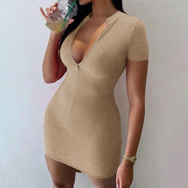 

Autumn Clothes For Women Easeful Ribbed Pure Color Zipper Up Short Sleeve Dress Leisure Wear Woman Summer Laides Casual Dresses, White,khaki,black