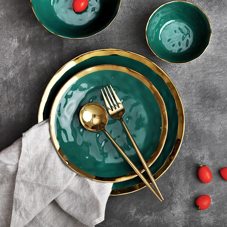 Unique Design Green Dinner Plates Luxury Ceramic Dinnerware Set With