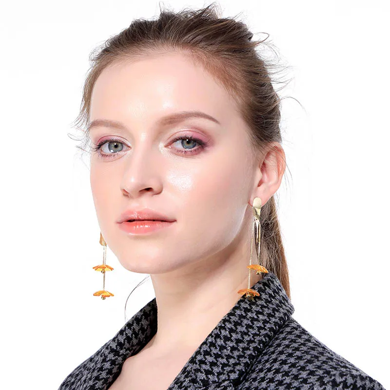 

ed01385c Latest Design Long Adjustable Orange Epoxy Resin Flowers Gold Plated Brass Fancy Girls Slender Drop Earrings