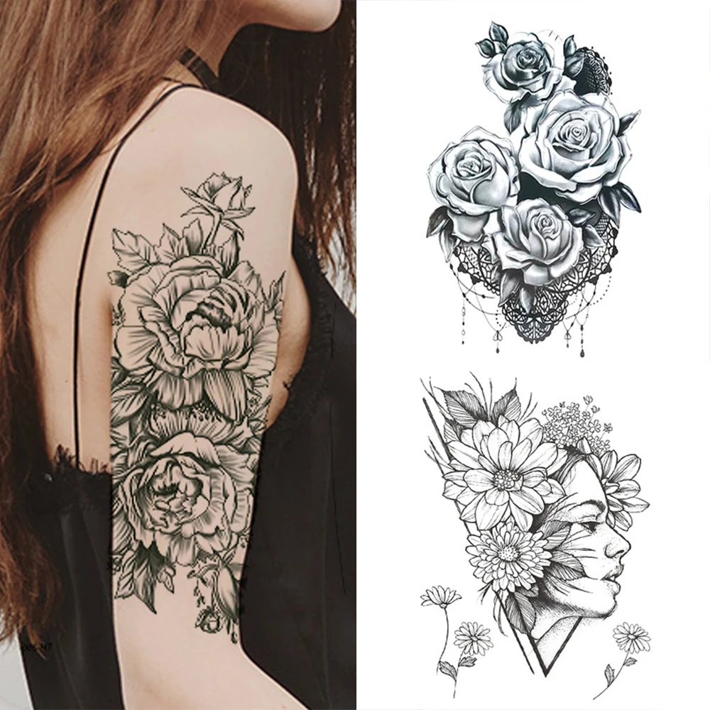 

Fashion Women Girl Temporary Tattoo Sticker Black Roses Design Full Flower Arm Body Art Big Large Fake Tattoo Sticker, Many
