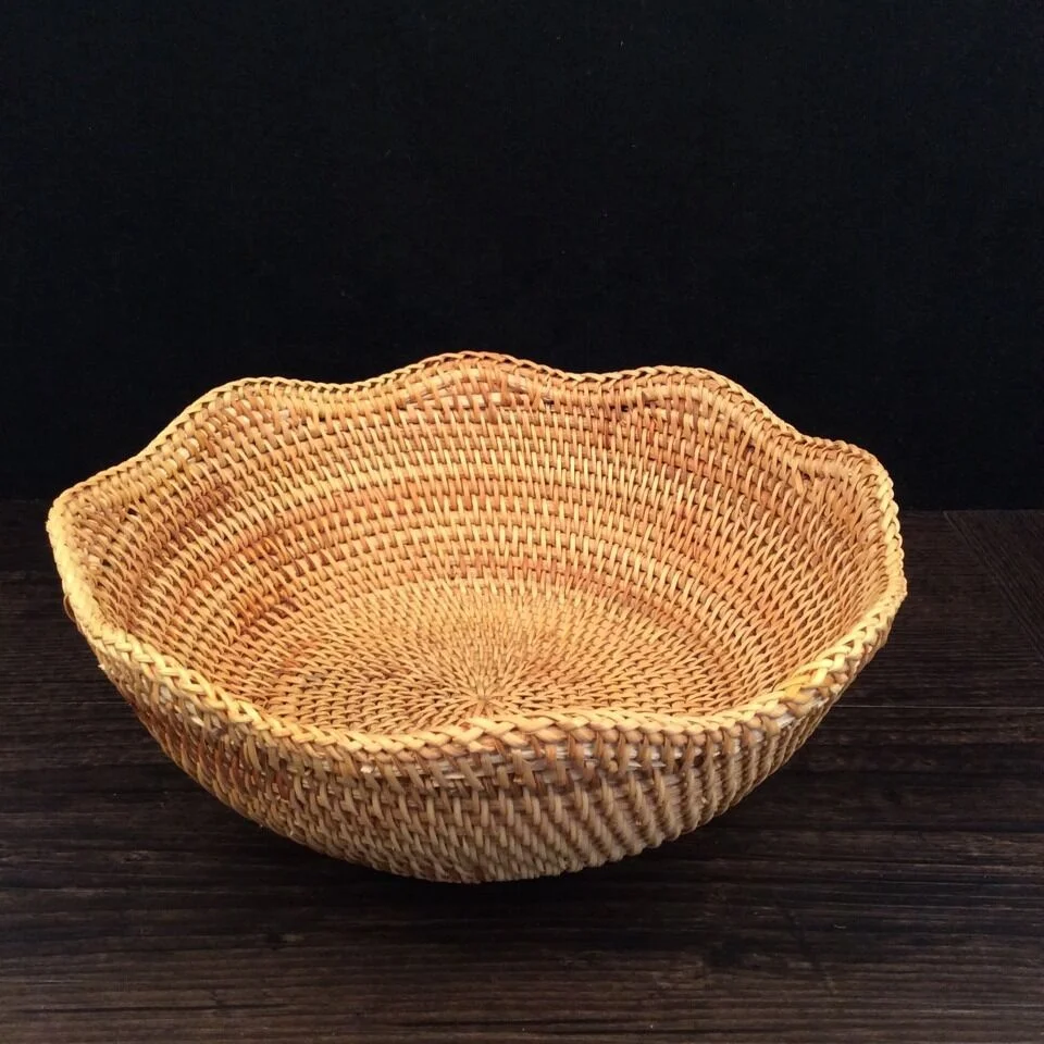 

Rattan hand woven fruit storage basket round wicker tray Bread Cake Pastries Storage, Natural