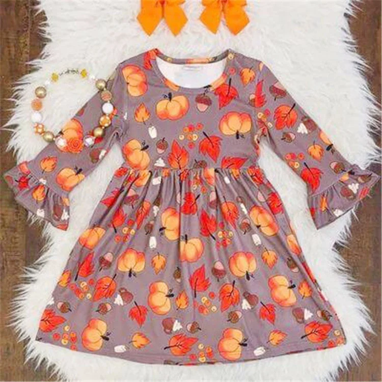 Autumn children clothing Baby Girls Halloween orange Pumpkin Patch Bell Sleeve Dress
