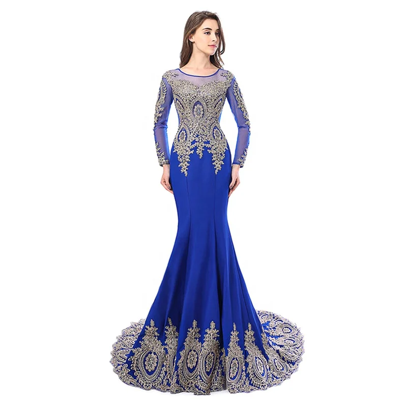 

Fashion O-Neck Full Sleeve Mermaid Evening Dresses Lace Appliqued Evening Gowns