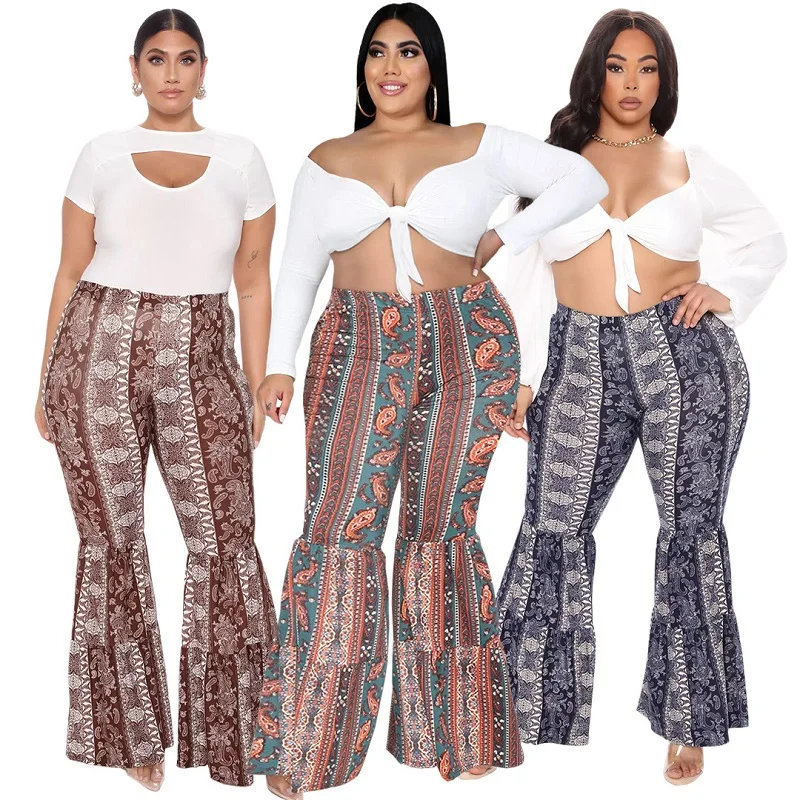 

Fat Women clothing Floral Paisley cashew Print Multi-layer Flared Pants Plus Size 5xl Long Flares Bell-bottoms Trousers & Pants