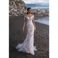 

Illusion Long Sleeves Lace Wedding Dress Mermaid Covered Button Back Bridal Wedding Gowns Beach Wedding