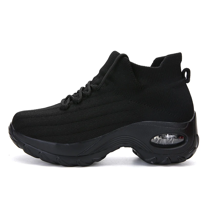 

B1908 Breathable lace up girls casual sneaker black white platform chunky cushion shoes high wedge women sneaker