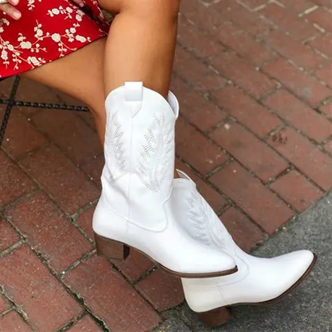

BUSY GIRL XY3027 Women Mid Boots Western Cowboy Embroidery Pointed Toe Autumn Winter Female Ladies Shoes Cowgirl Boots