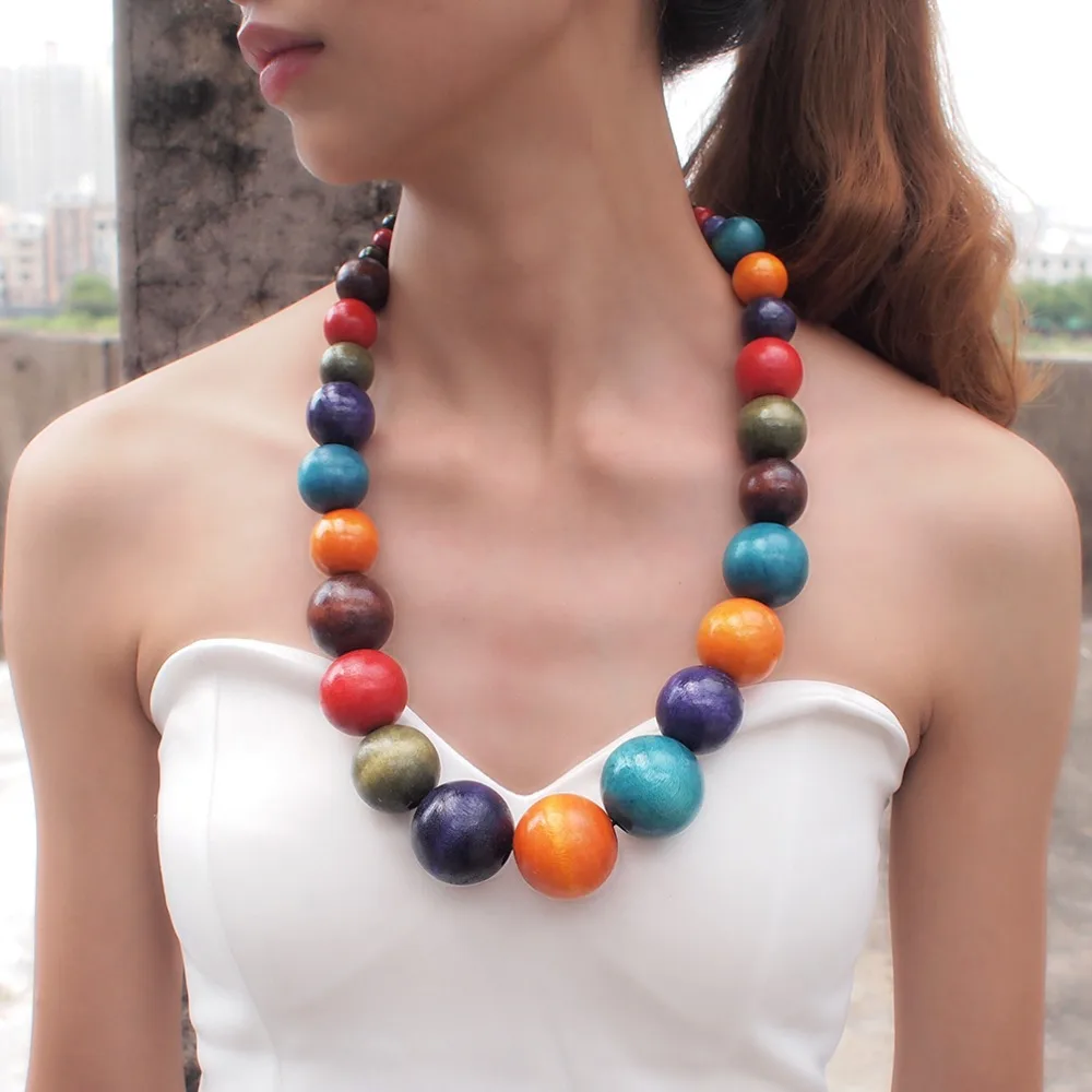 Fashion wooden beads Long Necklace Bohemia women coloured beaded necklace, Multicolor, black