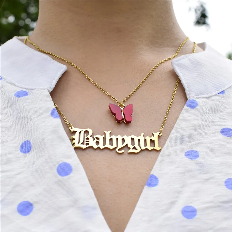 

2021 Vintage Multilayer Acrylic Butterfly Choker Necklace Fashion Women Letter Golden Chain Layered Necklace Jewelry, Picture