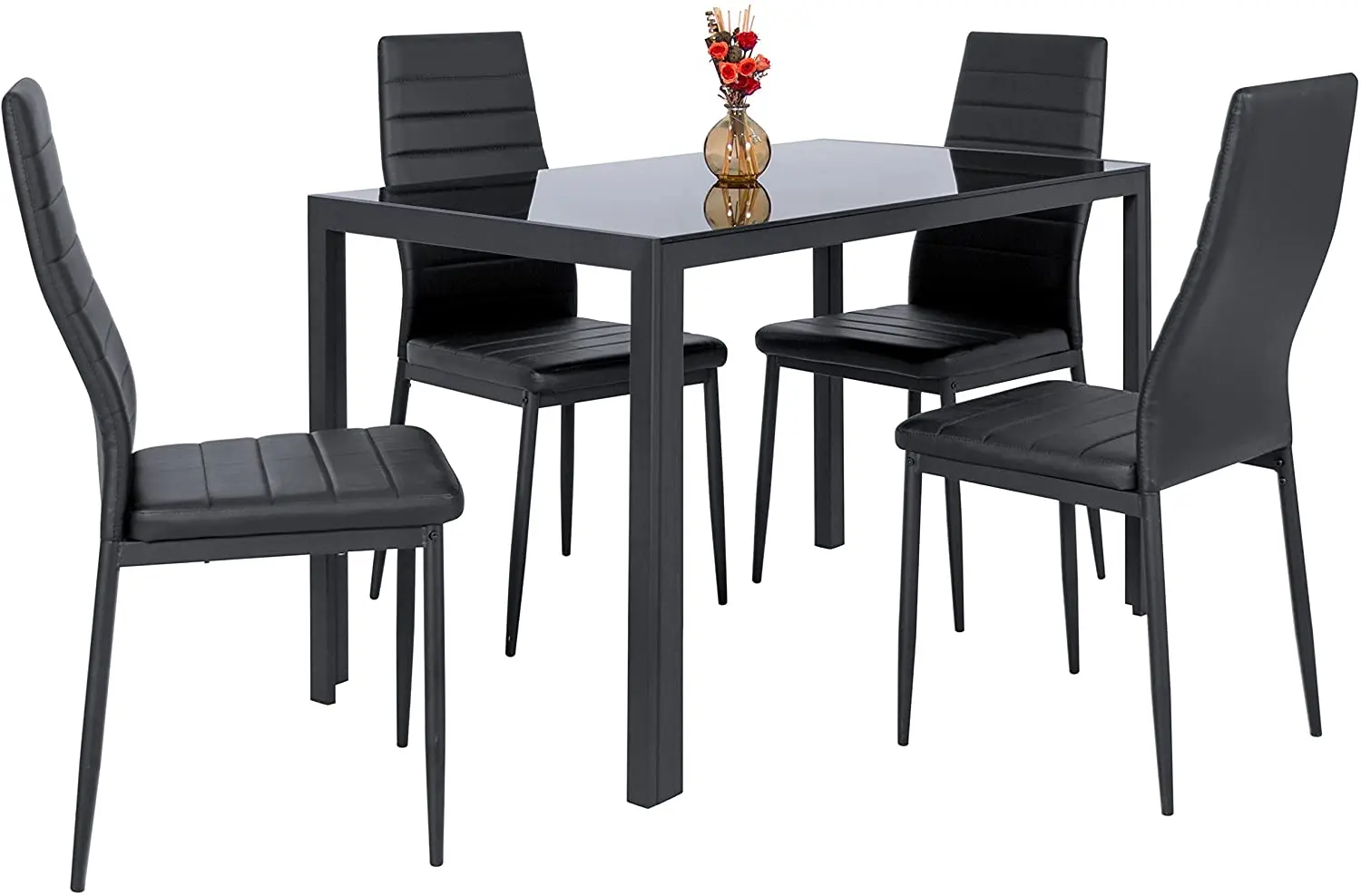 Modern Glass Dining Table Set 6 Chairs With Rectangular Top Metal Base