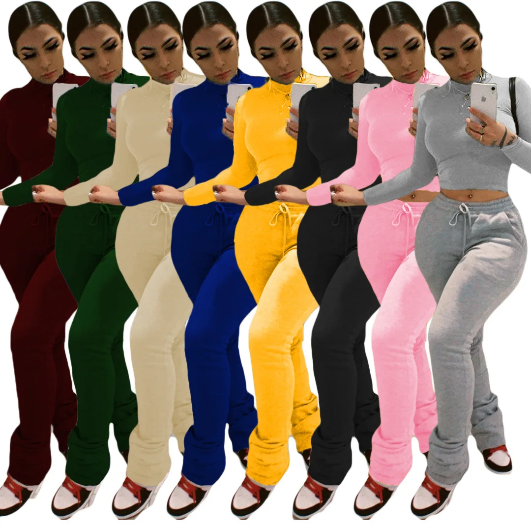 

2021 winter women clothing Two Piece Outfits for Women Crop Top Stacked Pants 2 piece stack pants sets