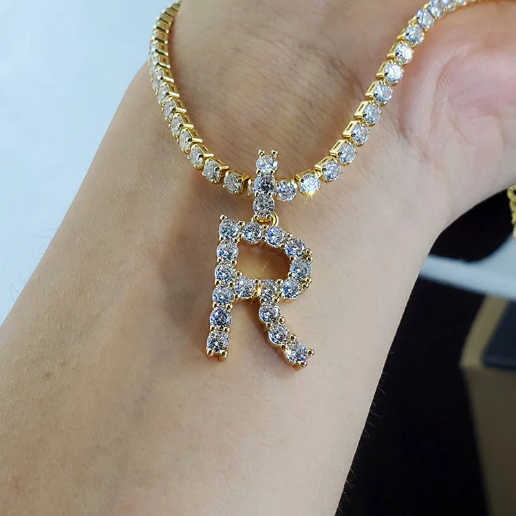

Iced 18k Jewelry Zircon Diamond Alphabet Letter Pendant Necklaces CZ Micro Pave A-Z Initial Tennis Chain Necklace for Women