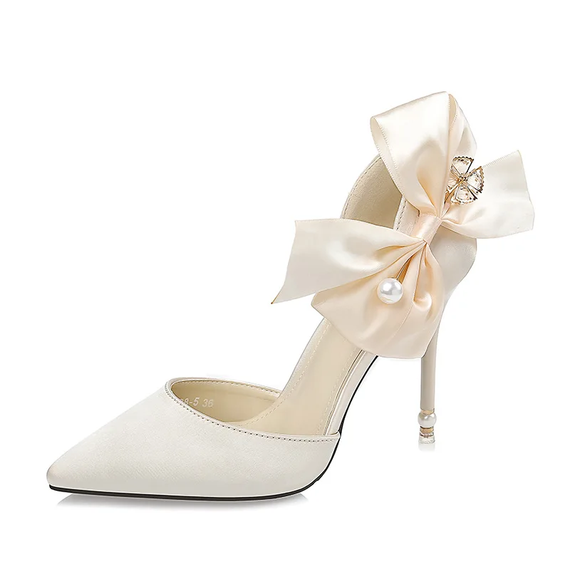 

Women Pumps High Heels Shoes Woman Fashion Dreamy bow pointed Ankle Strap Stilettos shoes Wedding Party shoe, As picture