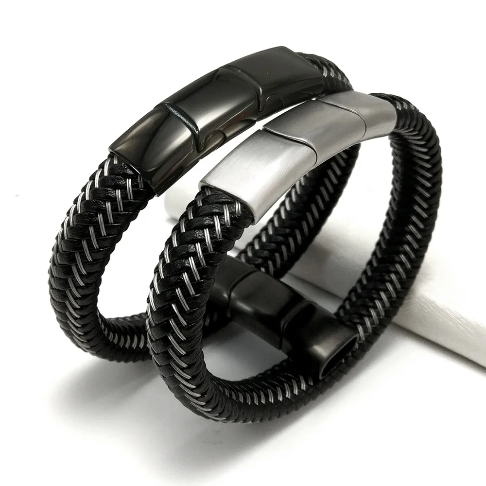 Leather Men's Bracelet with Stainless Steel Three Magnetic Clasp Mens Leather Bracelet