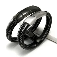 

Leather Men's Bracelet with Stainless Steel Three Magnetic Clasp Mens Leather Bracelet