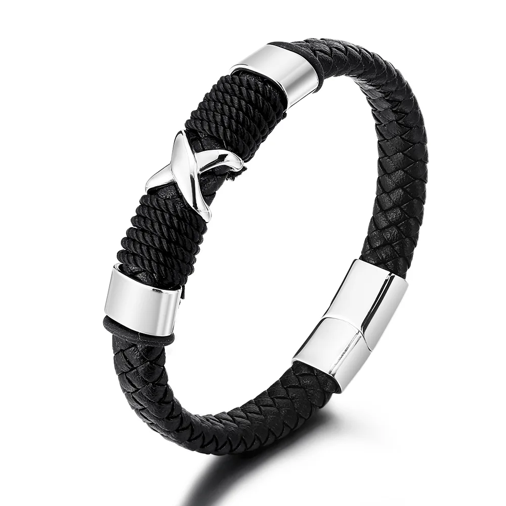 

handmade woven stainless steel punk bracelet for men simple 2023 commuting titanium steel leather bracelet