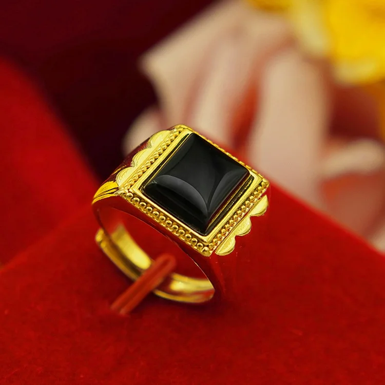 

Wholesale 2021Men's Luxury Jewelry Dubai Wedding Ring Yellow Gold Ring Black Agate Gold Ring, Picture shows