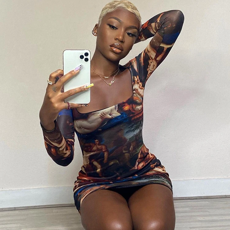 

Spring Square Neck Vintage 2021 Bodycon Dresses Women Long Sleeve Tight Fitted Angel Printed Dress For Ladies, Black