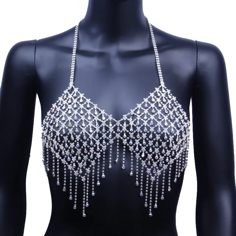 

Jachon Sexy Cryatsl Body Chain Diamond Net AB Color Tassel Bra Chest Chains Jewelry For Women And Girls, Silver/gold