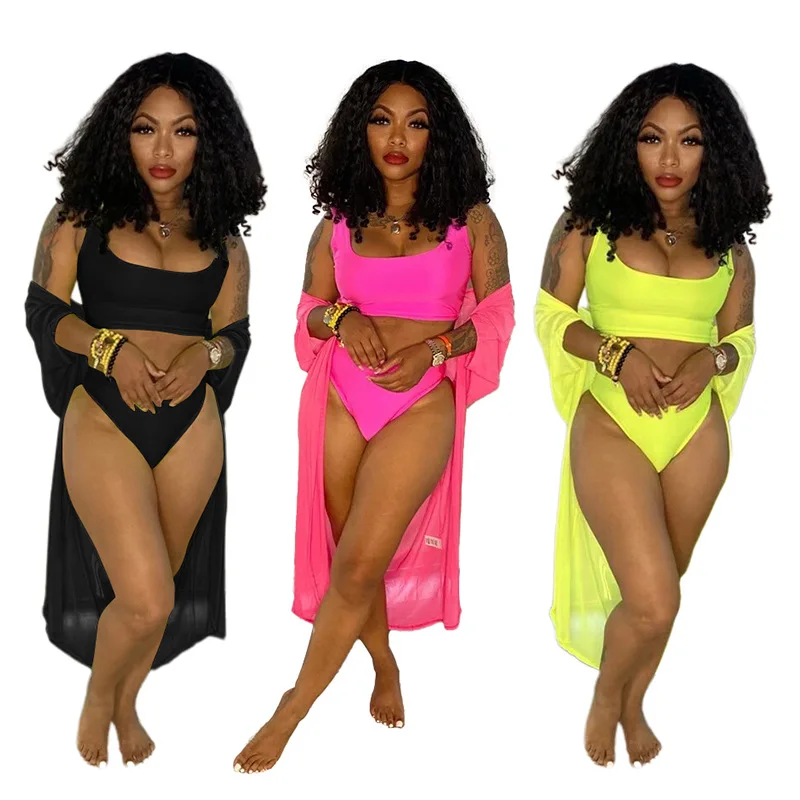 

SQ-968 Summer Beach Swimsuit Women'S Solid Color Shawl Split Three-Piece Swimsuit Suit