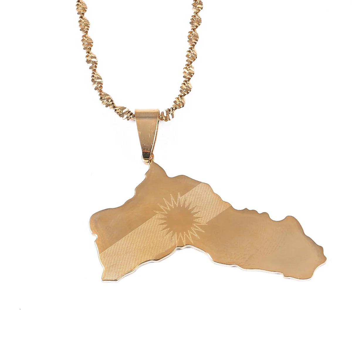 

Stainless Steel Gold Color Kurdistan Map Pendant Necklaces Fashion Kurdish Flag Map Charm Jewelry