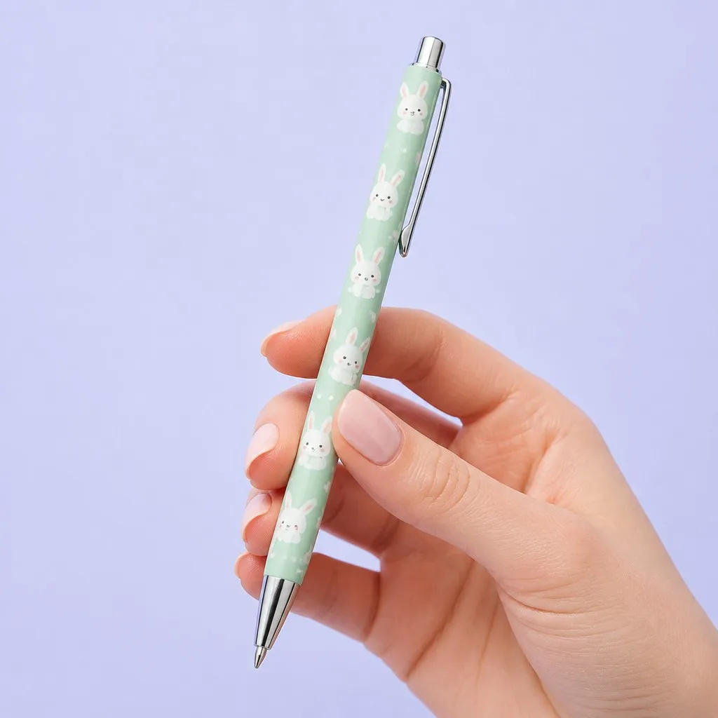 Hand holding a mint green ballpoint pen with bunny pattern