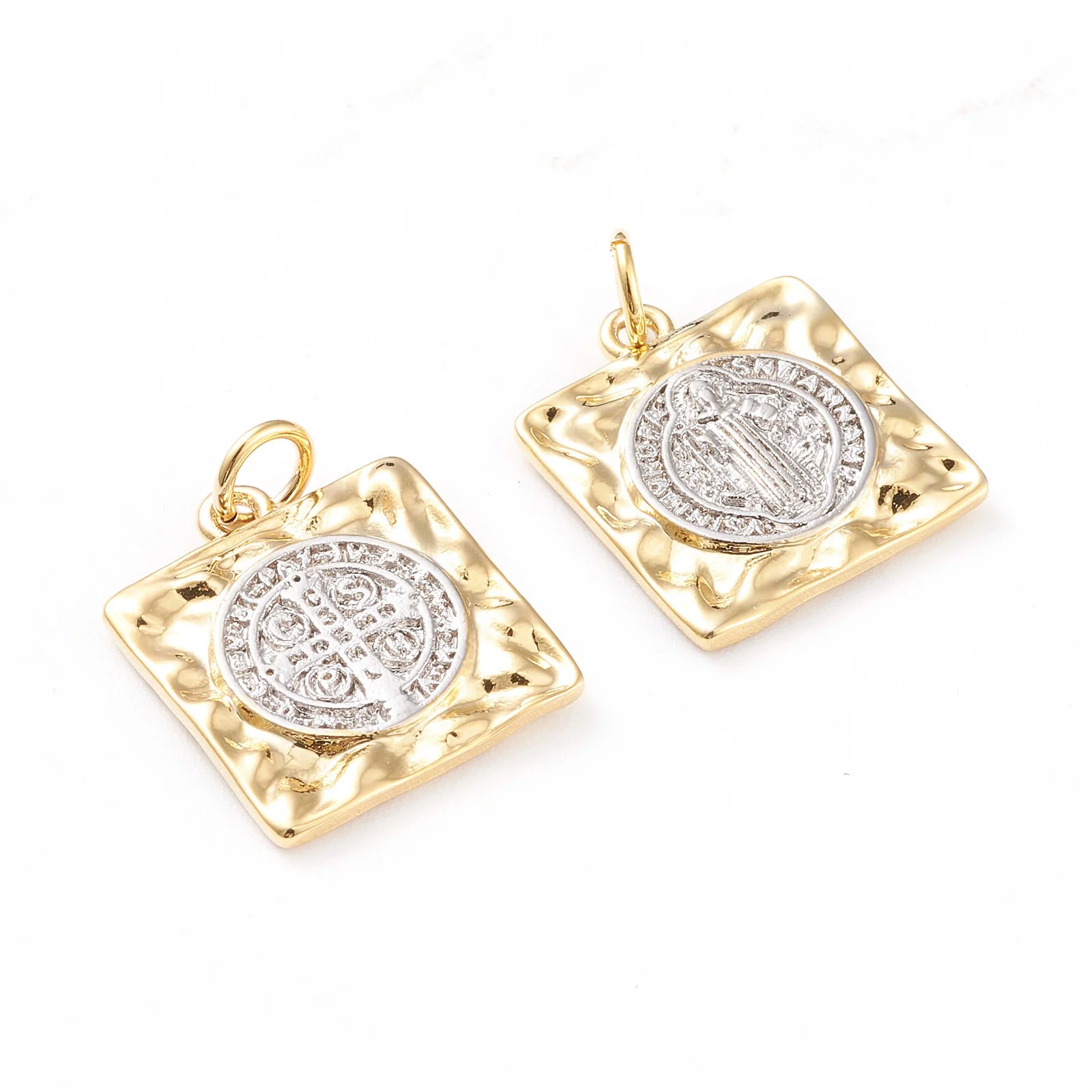 

Pandahall Square with Saint Benedict Medal Brass Pendants, Real 18k gold plated & platinum