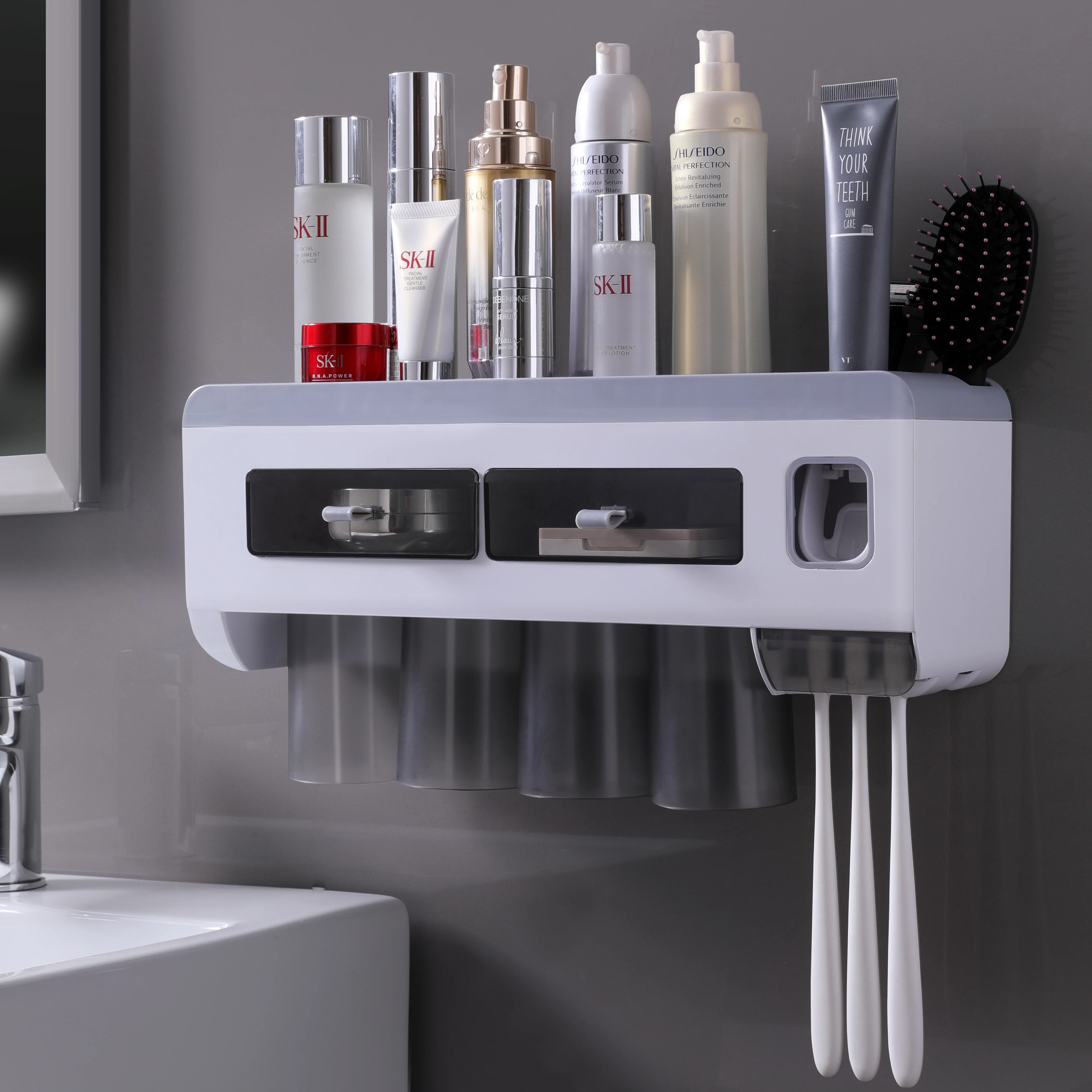 

Family Magnetic Wall-mounted Four Tooth Brushing Cups and Automatic Toothpaste Dispenser Plastic Toothbrush Holder, Grey