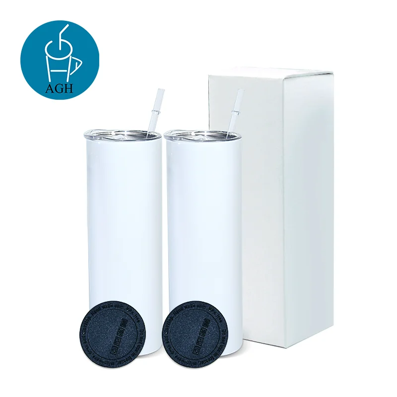 

US Warehouse Stock White 20oz Straight Skinny Sublimation Blanks Stainless Steel Tumblers Cups with Plastic Straw Rubber Bottom