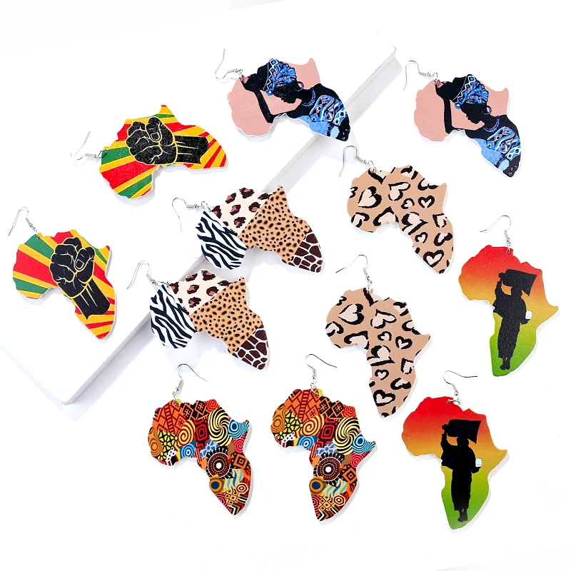 

2021 Bohemian Vintage Multi Color Africa Map Shape Earring Colorful Painted Map Wooden Earring