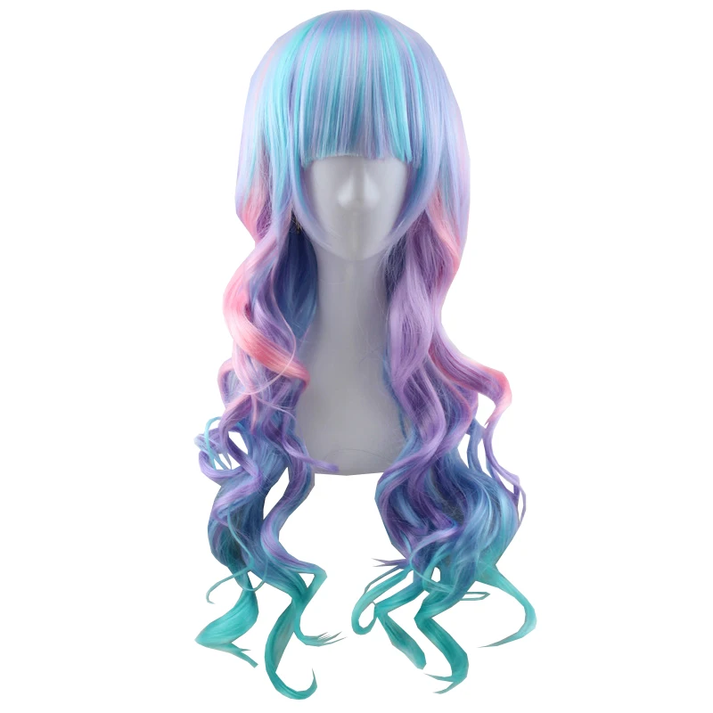 

Cosplay Colorful Long Wave Gradient Wig Harajuku Style Ice-Cream Lolita Hair Date Party High Temperature Silk Wigs, Pic showed