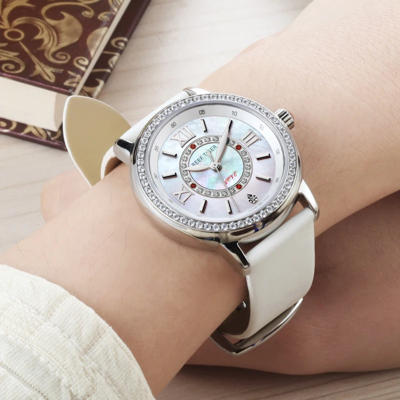 

Reef Tiger Fashion Elegant Watches for Women Ronda 763 Quartz Watch with Diamonds Bezel MOP Dial Calfskin Leather RGA1563
