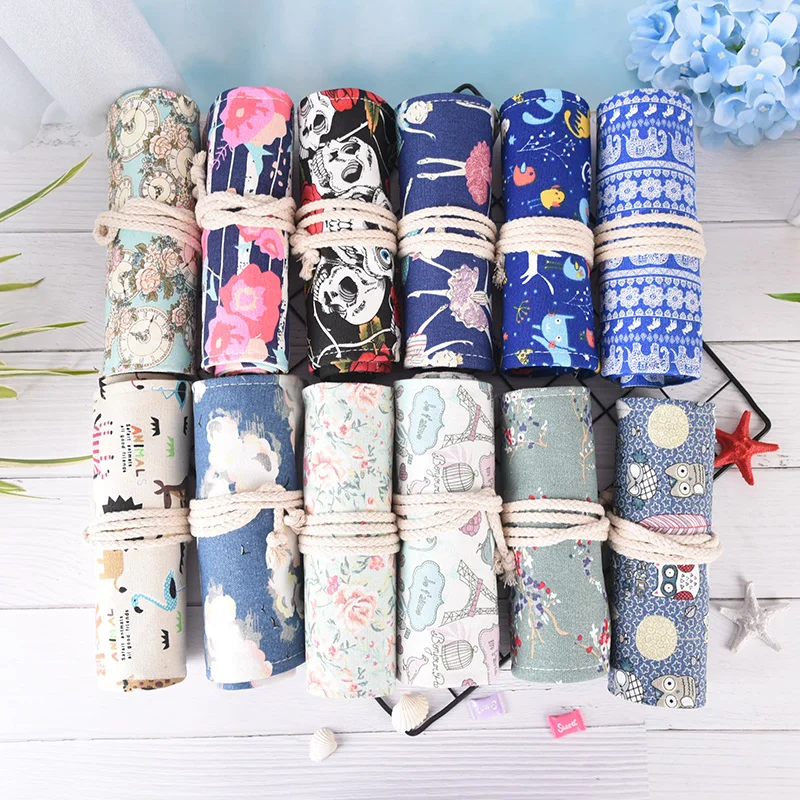 

12 Styles 36 Hole Cartoon Canvas Pencil Case Big Wrap Roll Up Pencil Case School Stationary Pen Brush Bag