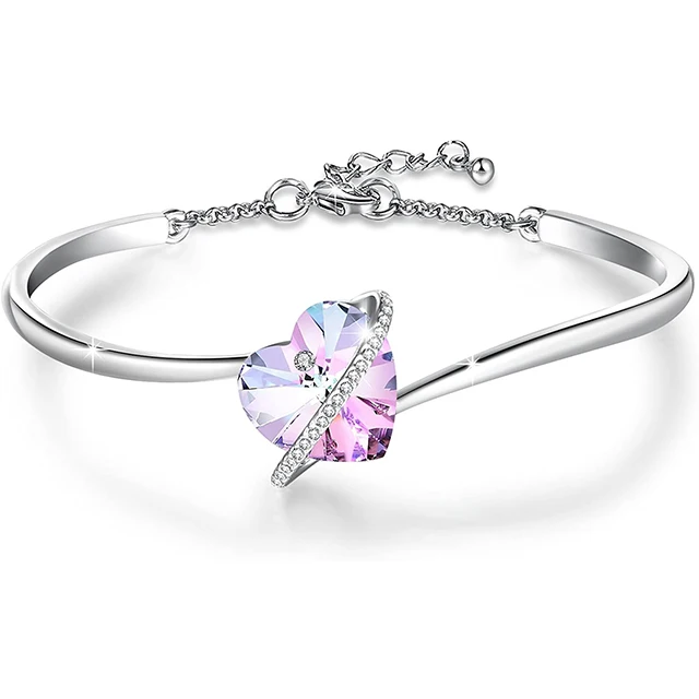 

Austria Crystal Bangle Love Heart Bangle Bracelets 925 Sterling silver Bangle for Women Girls Jewelry Adjustable