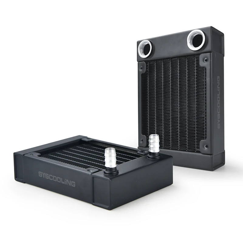 

Syscooling water cooling radiator 80*80mm aluminum material 27mm thickness with G1/4 thread or ID 8mm nozzles, Black