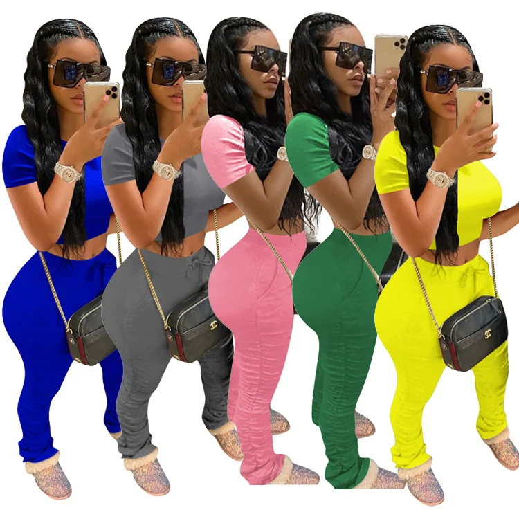 

D93637 two piece pants set stacked leggings solid sport clothing