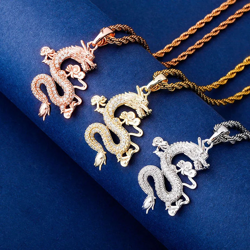 

Iced Zircon Gold Silver CZ Dragon Pendants Necklace Chain for Women Men