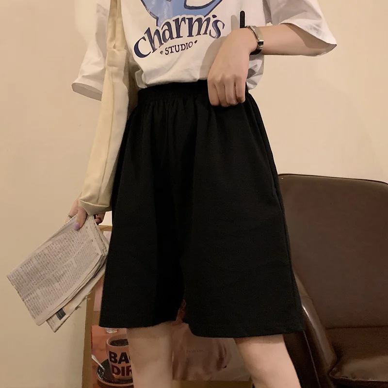 

Ladies Plain Black Mujer Female Loose Pocket Sports Casual Cotton Summer Women Shorts, Gray, black