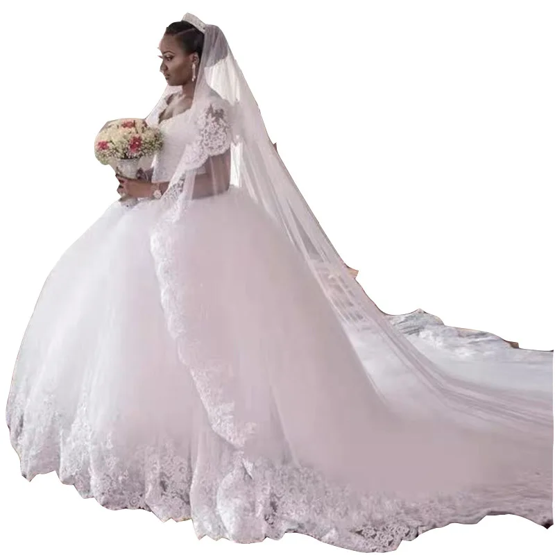 

High waist V lord wedding dress 2020 new custom large size white wedding dress trailing lace