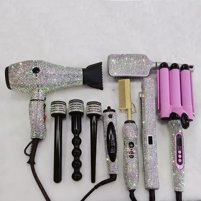 

Hot sale 6pcs hair styling tools set custom color bling hair dryer and hair curling iron wavy curler