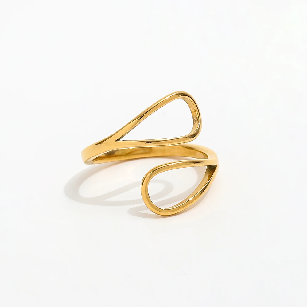 Joolim Jewelry Wholesale 18K Gold Plated Double Sector Lines Statement Stainless Steel Hollow Open Ring for Women Jewelry