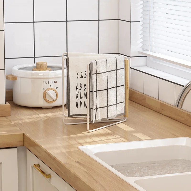 

Wooden handle foldable standing type kitchen countertop sink dishcloth holder