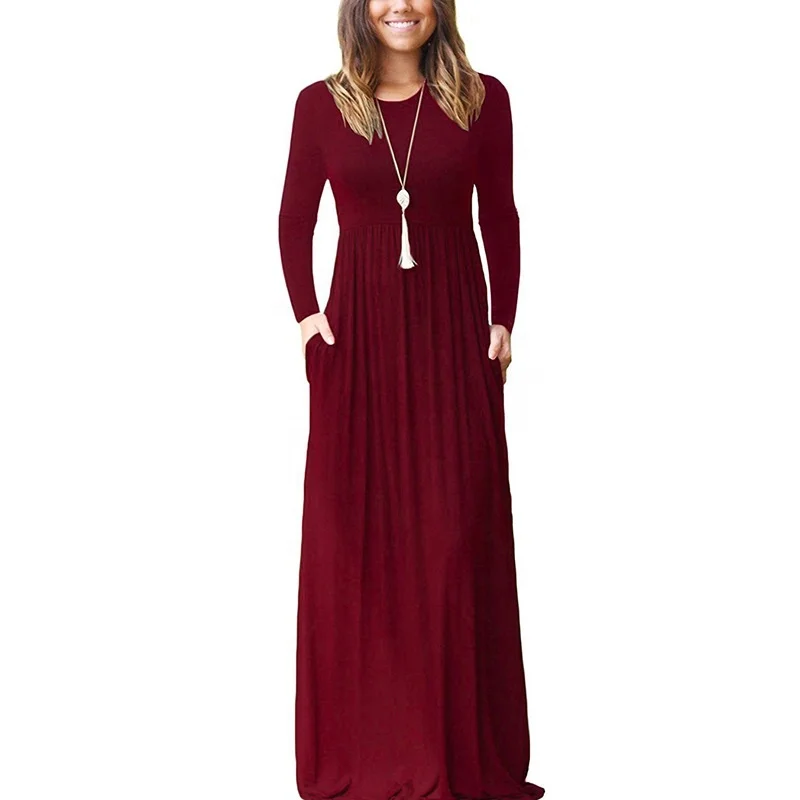 

2020 Hot Selling New Design Wholesale Fashional Casual Autumn Sexy Long Sleeve Loose Plain Maxi Women Long Dress With Pockets, As the picture shows