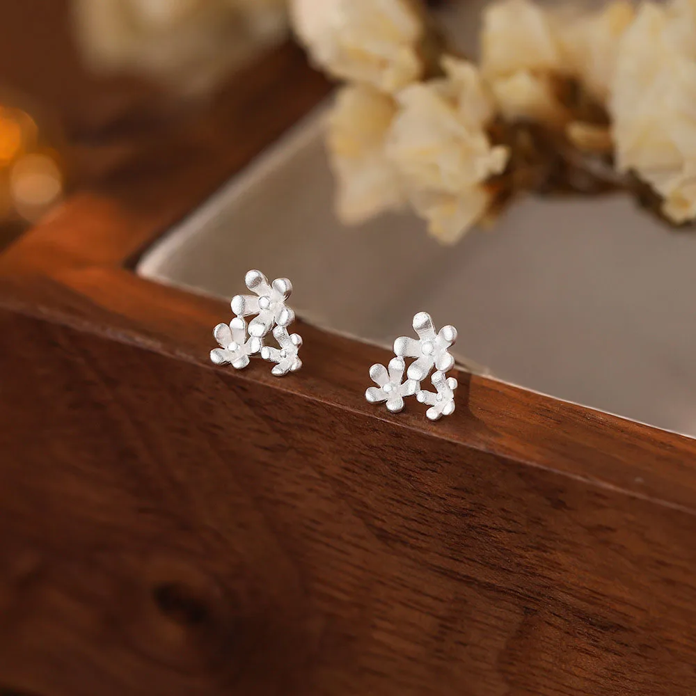 S999 Sterling Silver Flower Stud Earrings for Women Jewelry Accessories YB-XY-426
