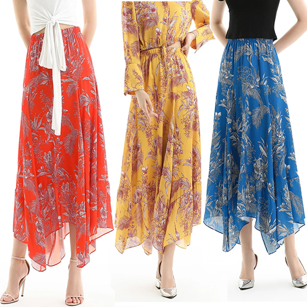 

S068 long skirts for women Summer High Quality Fashion Elegant Asymmetrical Print Flare skirt women maxi